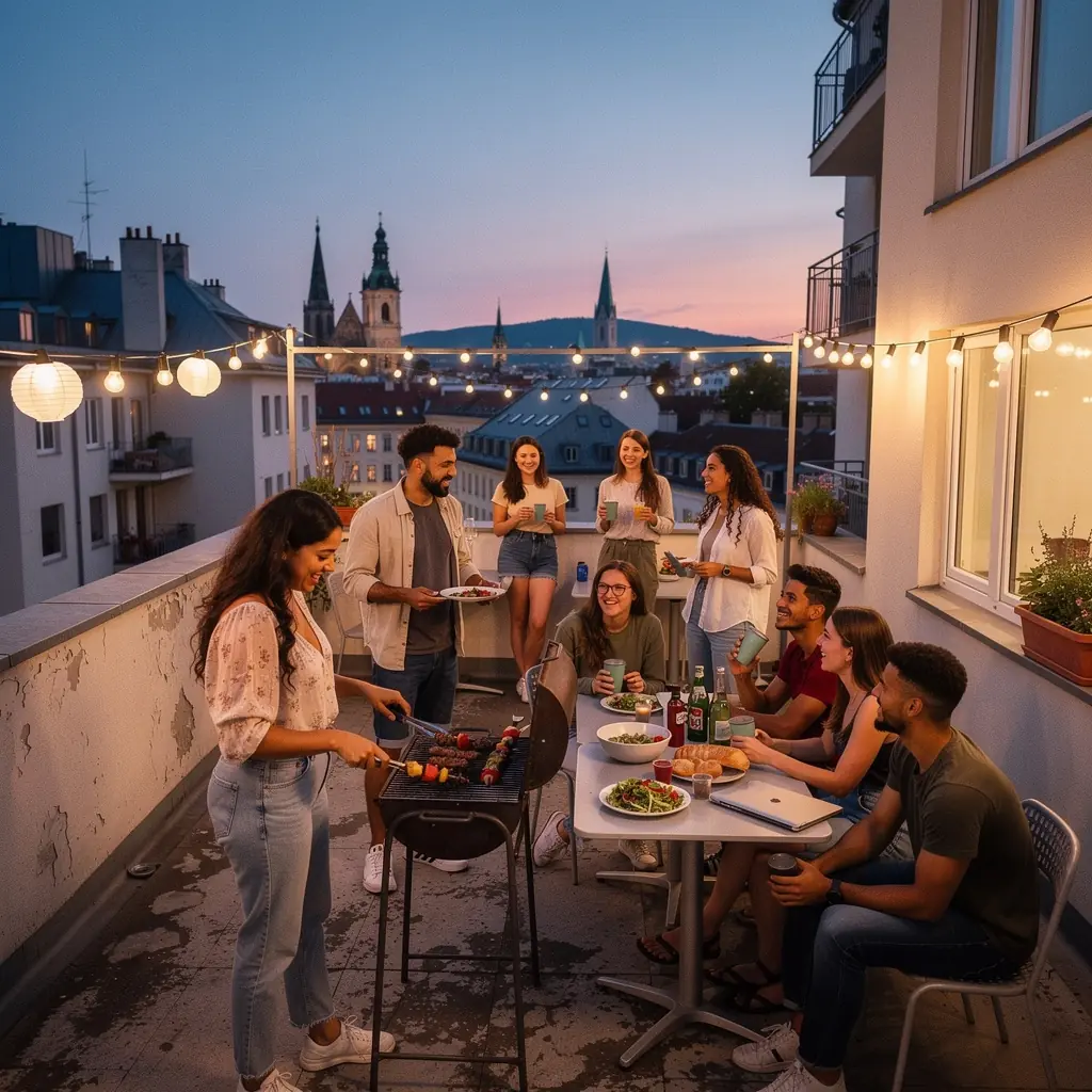 Ansicht eines modernen Wohngebäudes mit Balkon und großen Fenstern