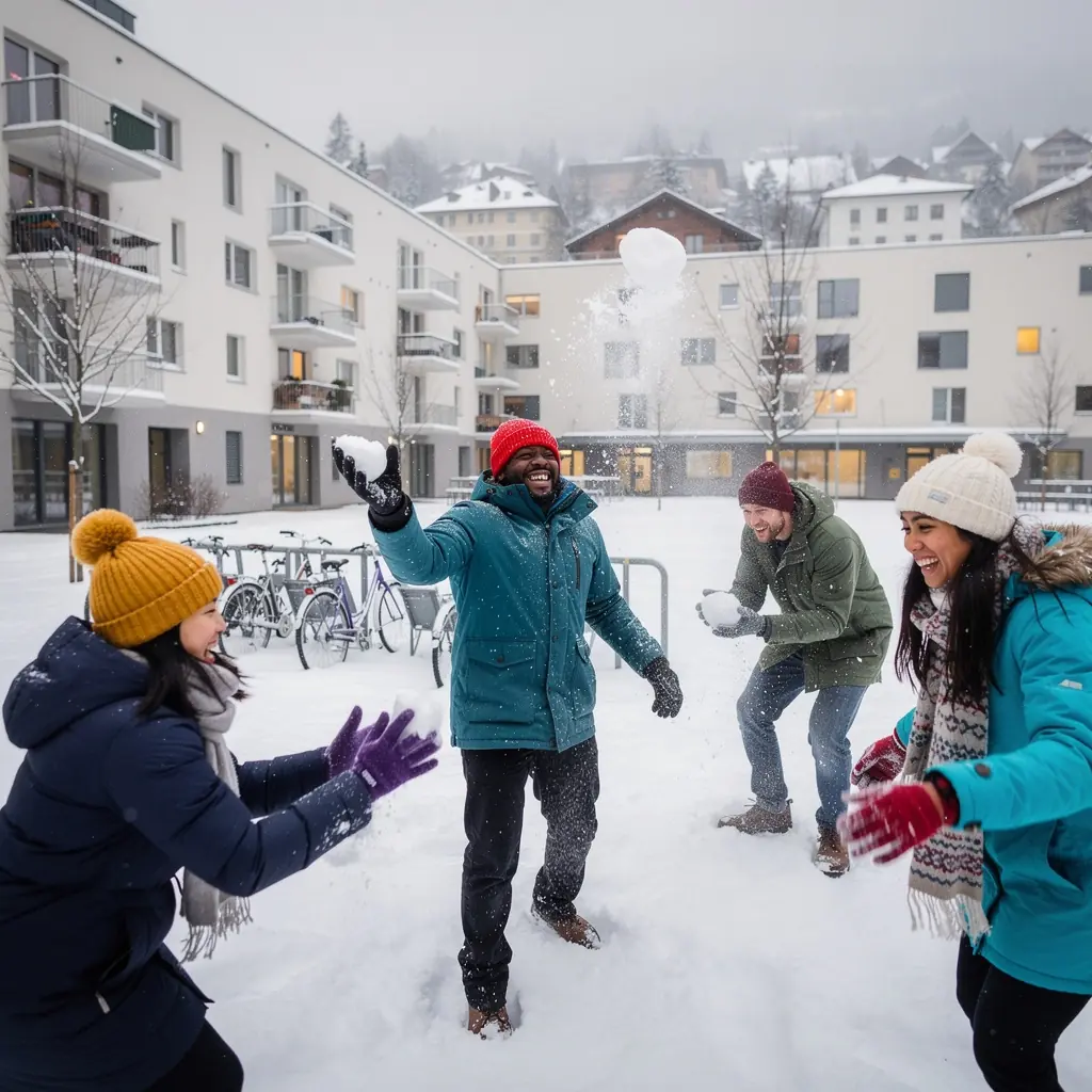 Moderne Studentenwohnungen in einem ruhigen Innenhof mit grünen Pflanzen.
