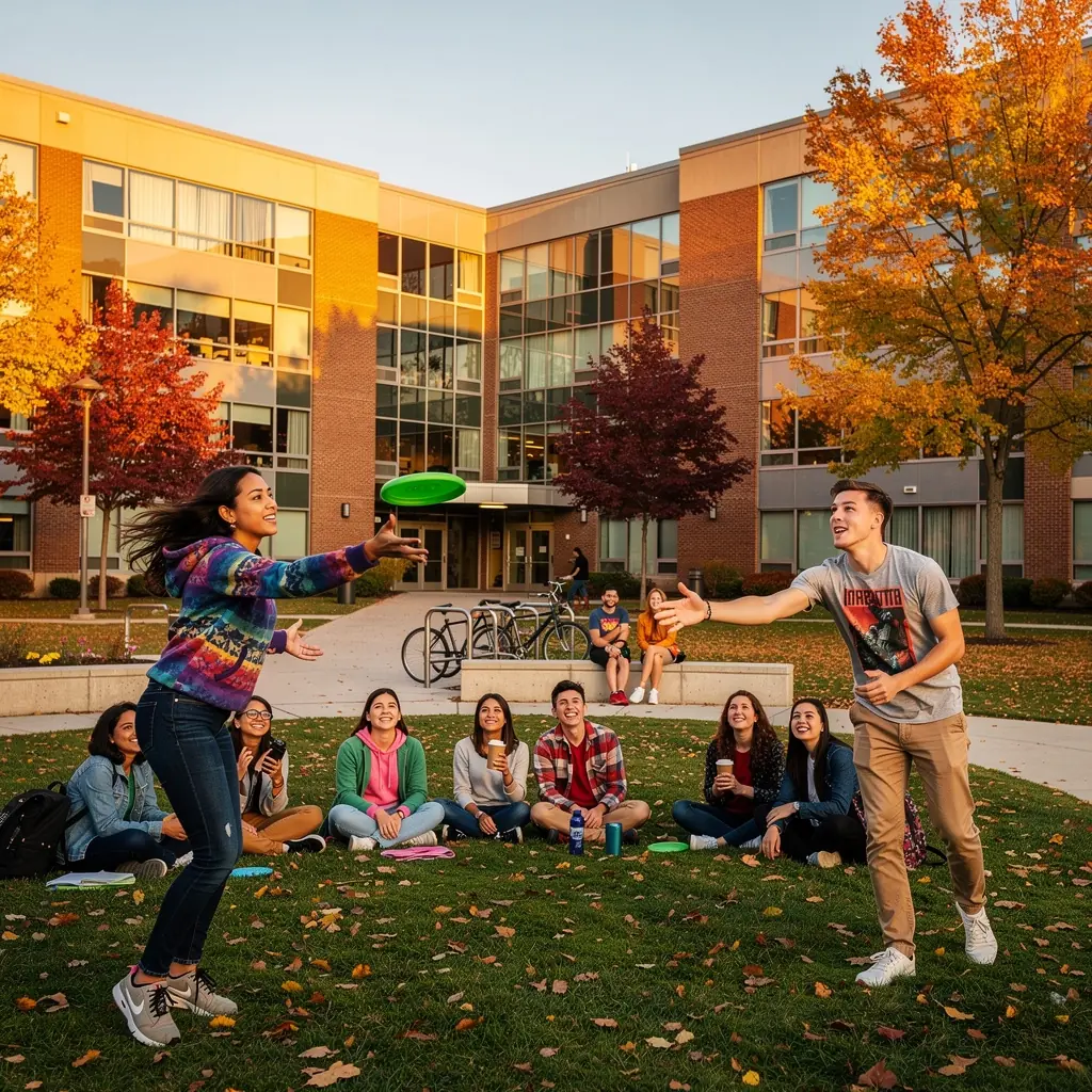 Ansicht eines Wohnheims mit FahrrГ¤dern vor dem GebГ¤ude, ideal fГјr Studierende.