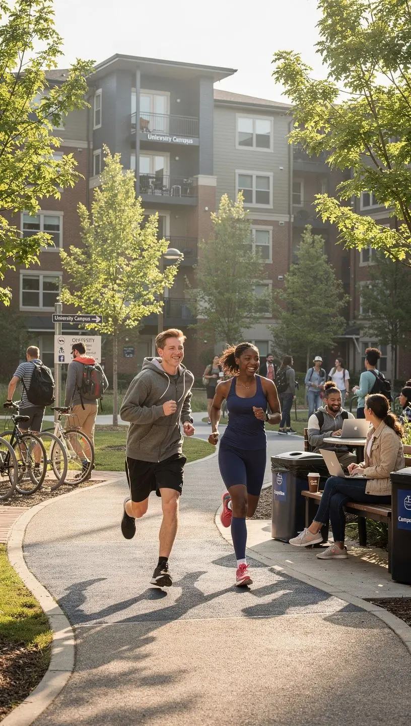 Eingangsbereich zu einem modernen Wohnkomplex für Studierende.